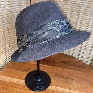 🔷Kenny K Poly Trilby Fedora Hat Grey Linen W/ Silver Paisley Band Unisex